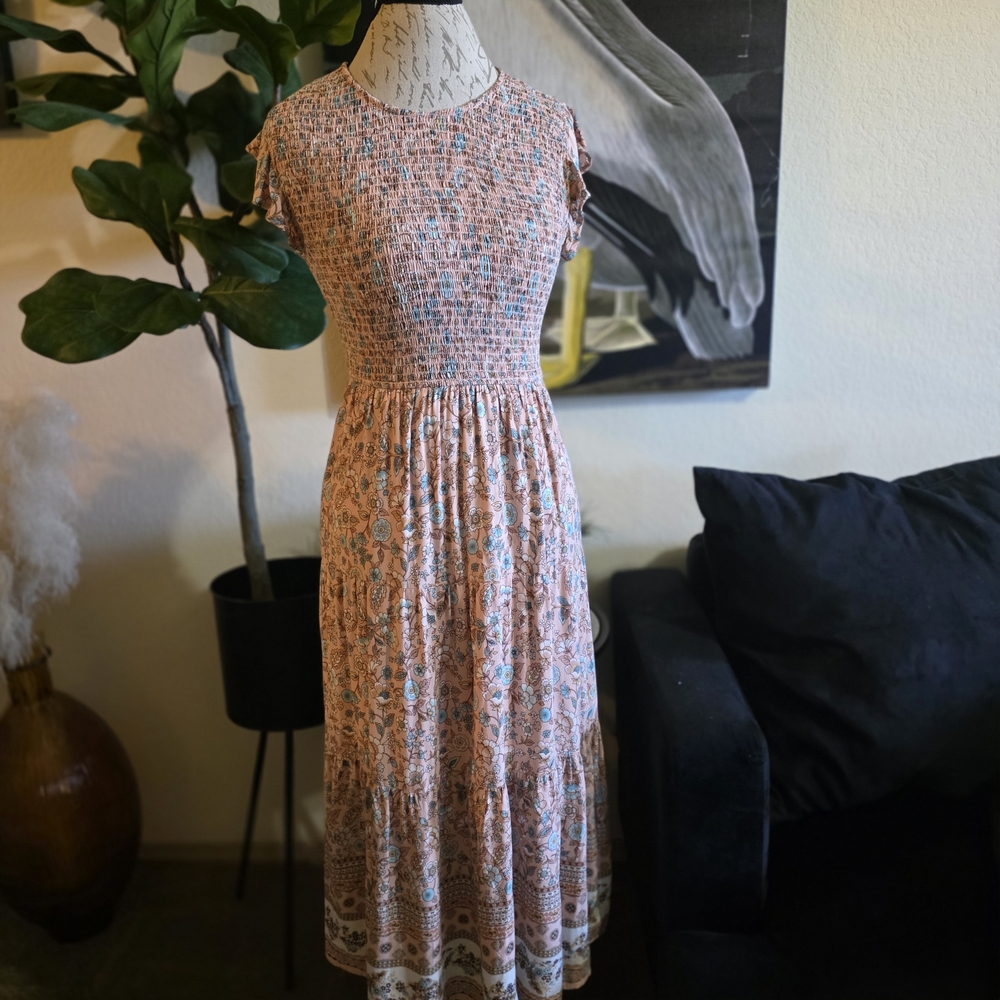 Floral Smocked Midi Boho Dress